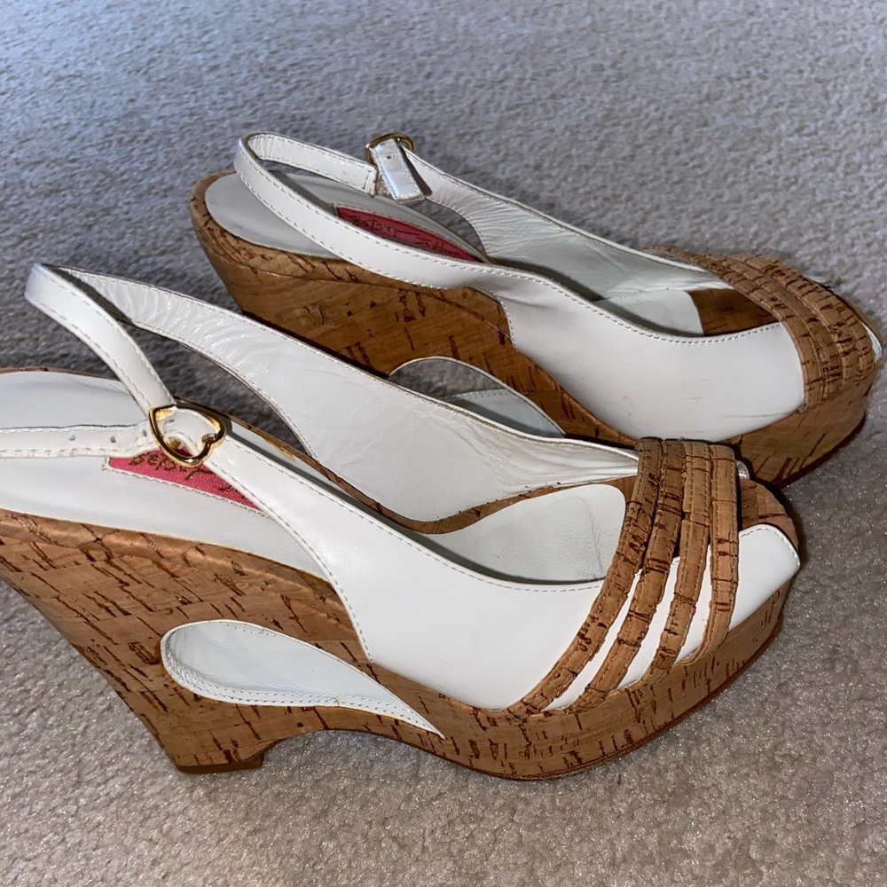 Vintage Betsey Johnson White and Cork Wedges with peekaboo heel detail.